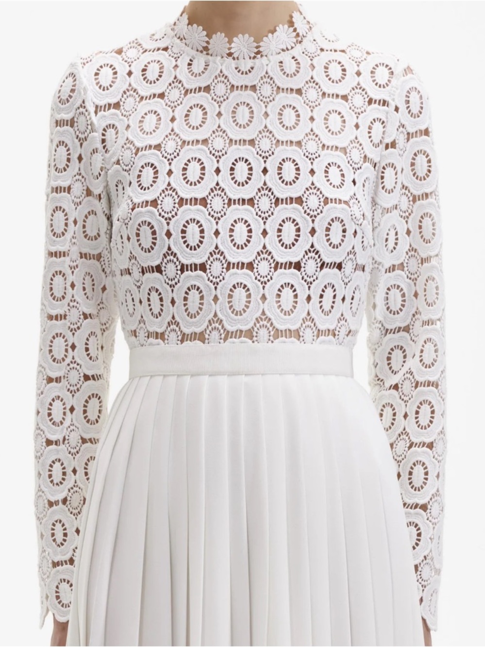 Self Portrait White Lace Long-Sleeve Pleated Midi Dress